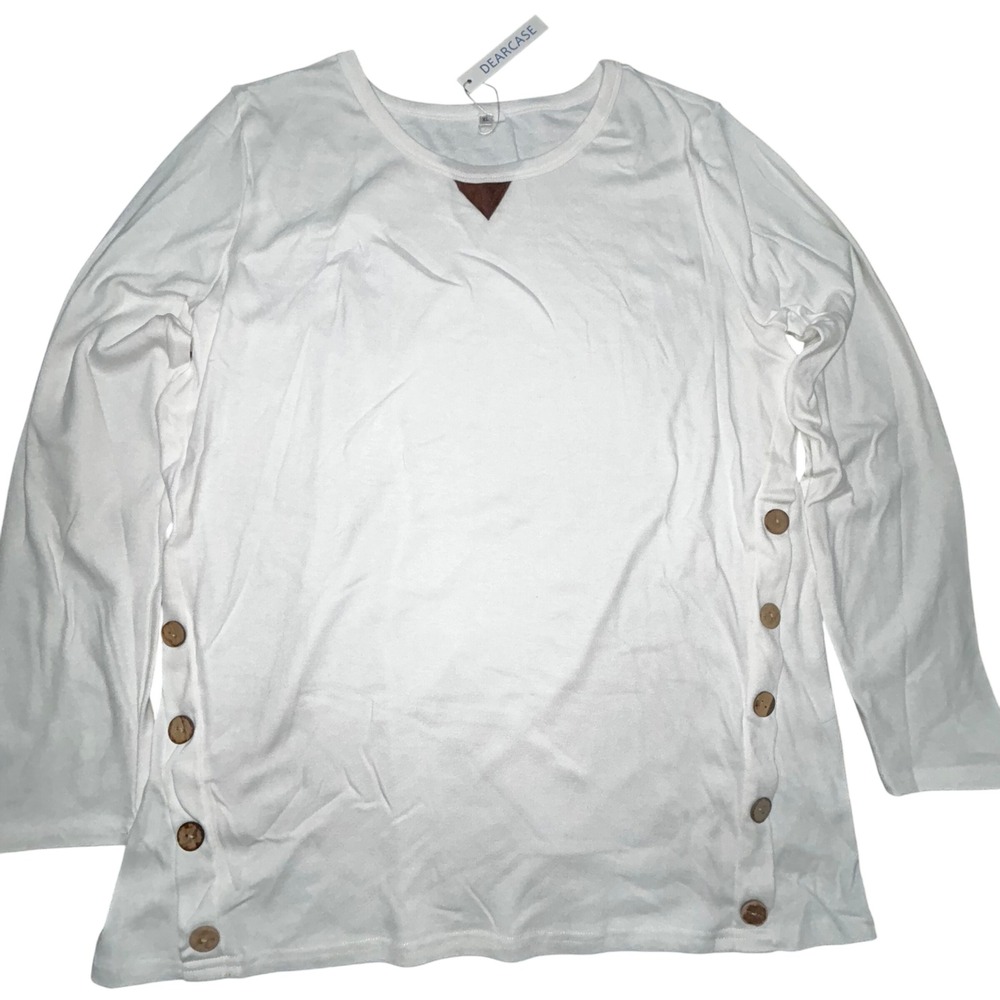 Dearcase Womens XL White Long Sleeve Tunic Top Elbow Patches Button Side Slit